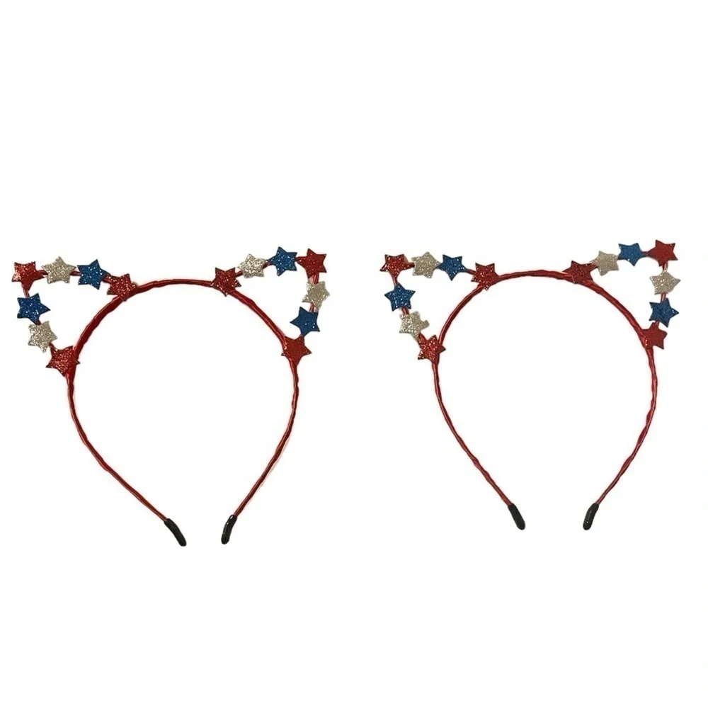 Red Blue Silver Glittery Tiny Stars White Wire Cat Ear July 4th Headbands 2Pc